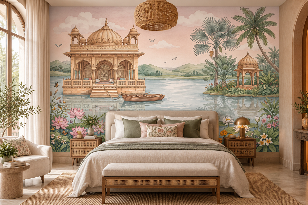 Lotus wallpaper behind a wooden bed with green and cream pillows in a warm bedroom GD13085