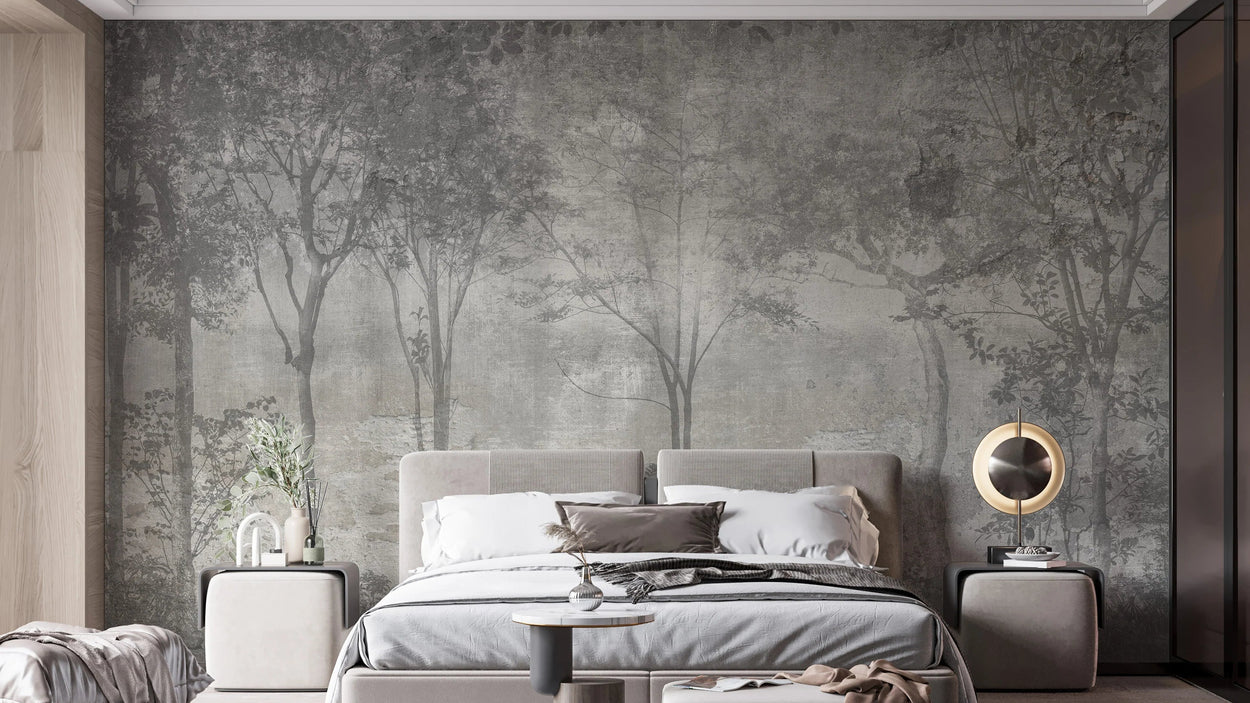 Modern bedroom with gray tropical wallpaper for walls, furniture, and decor.