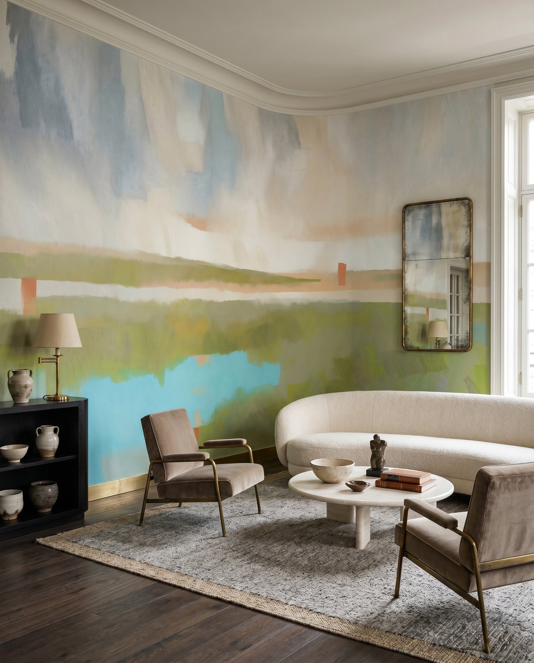 Living area lifted by the Velvet Dawn wall mural in aqua and green.