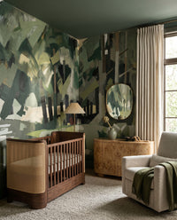 Brushy trees and pale water in the Velvet Forest wall mural suit a Nursery area .