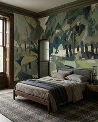 Riverbank greens fan across a Bedroom with the Velvet Forest wall mural.