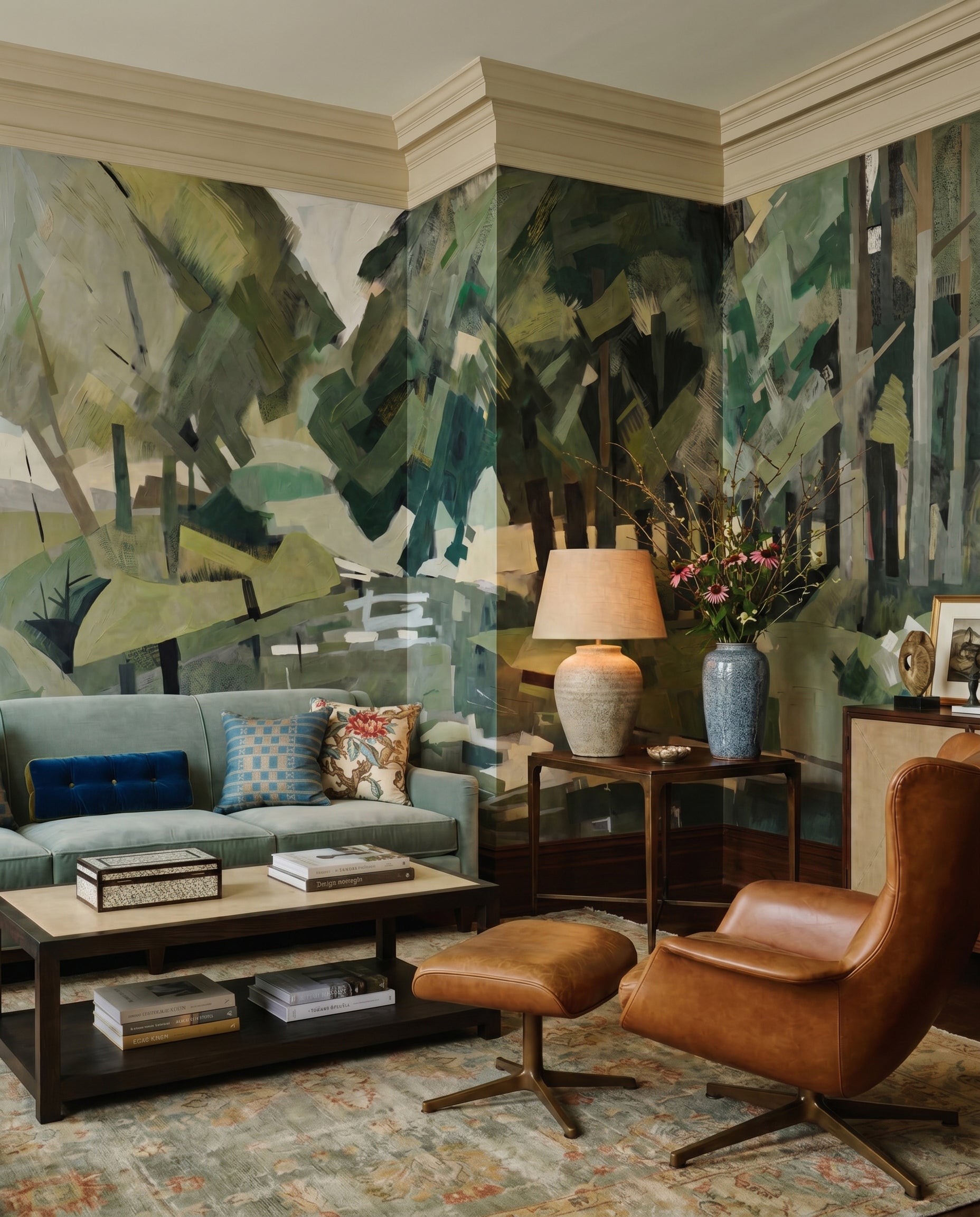 Olive and pale brushwork from the Velvet Forest wall mural warms a Living room.