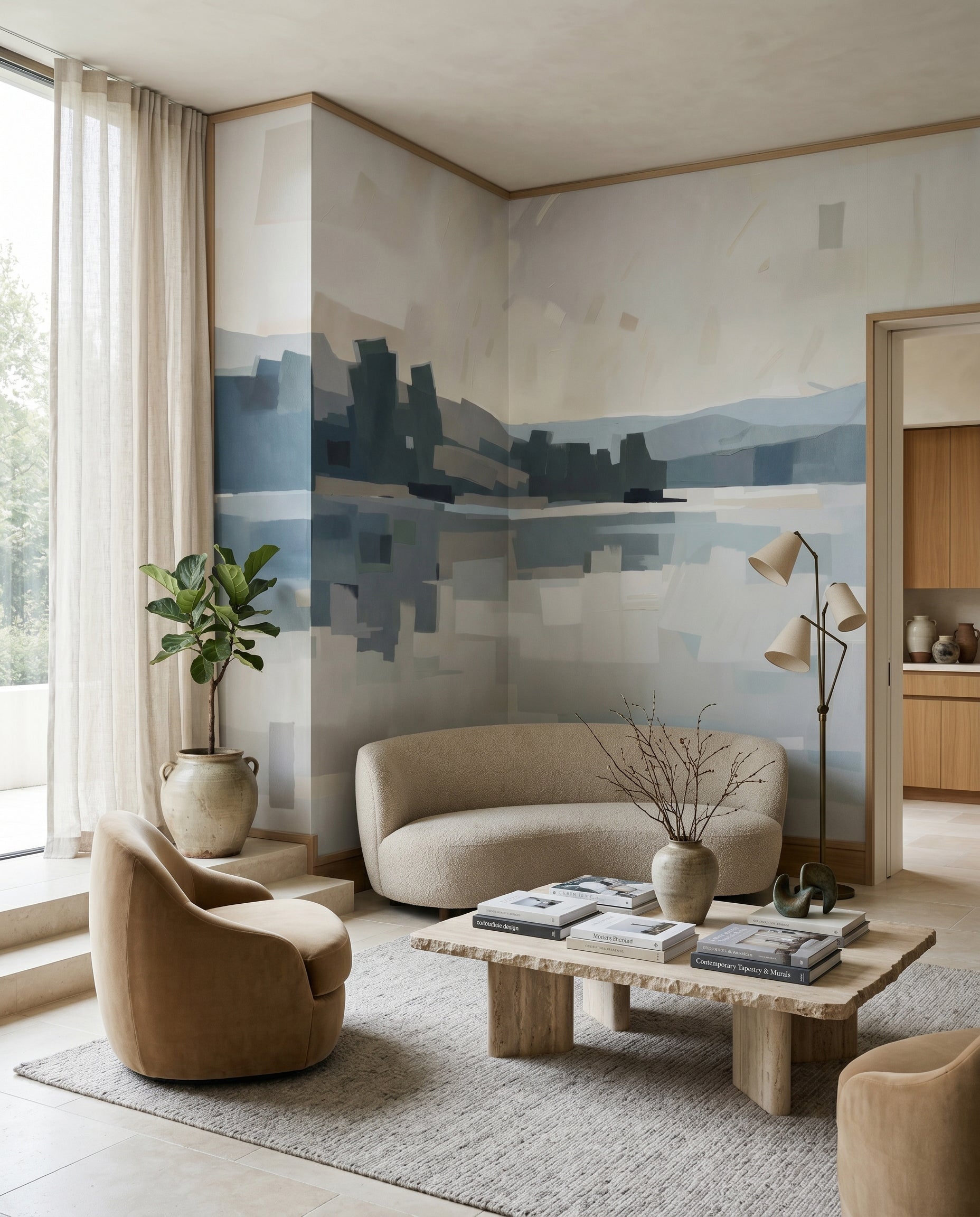 Living room quiet with a painterly horizon line on the Velvet Glow wall mural.
