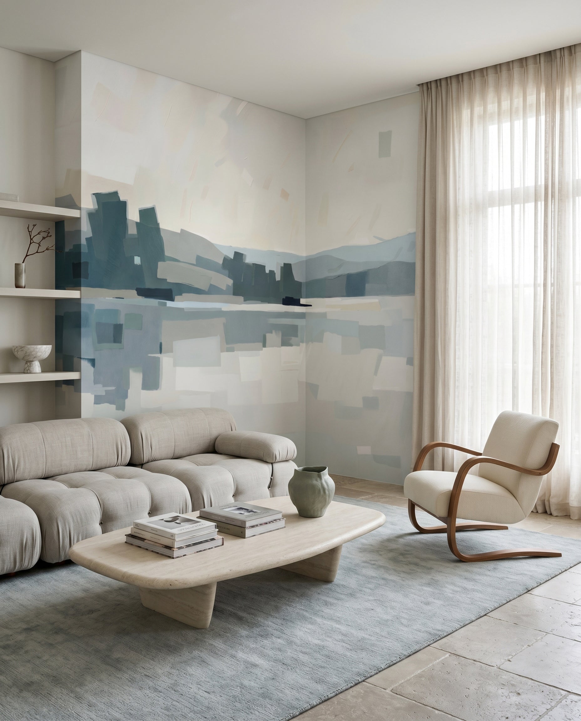 Lake reflections and slate hills join a Lounge area  via the Glow wall mural feature.