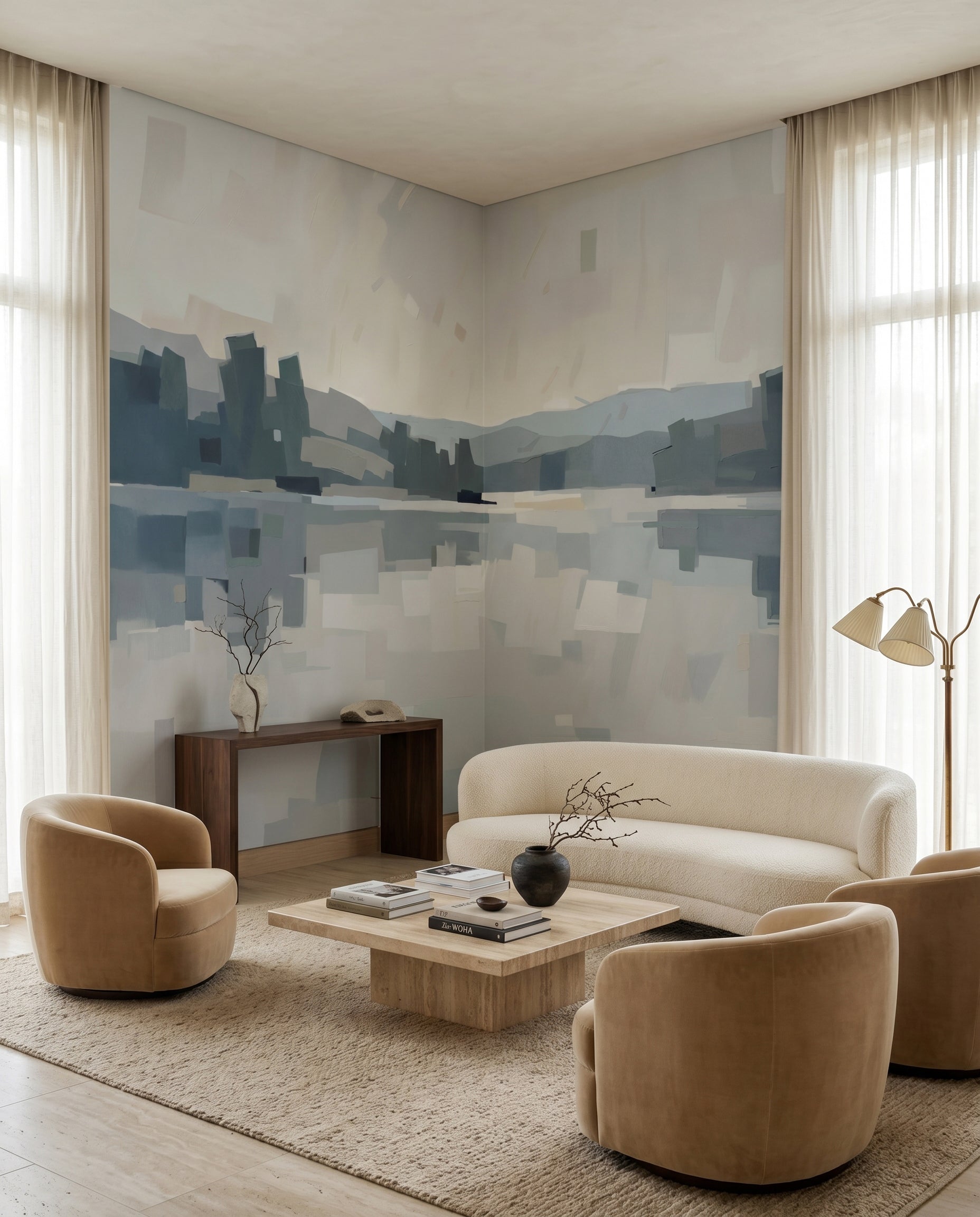 Living room gets a quiet horizon scene with the Velvet Glow wall mural in view.