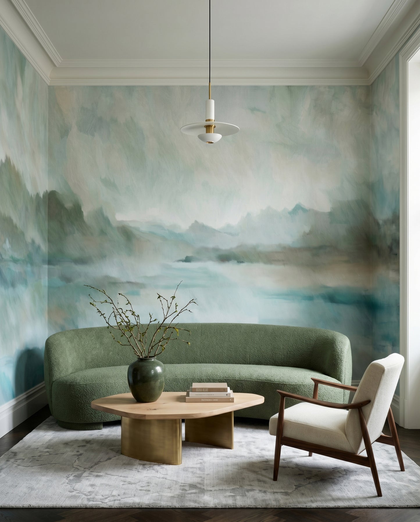 Living room set against the calm horizon line in the Velvet Horizon wall mural