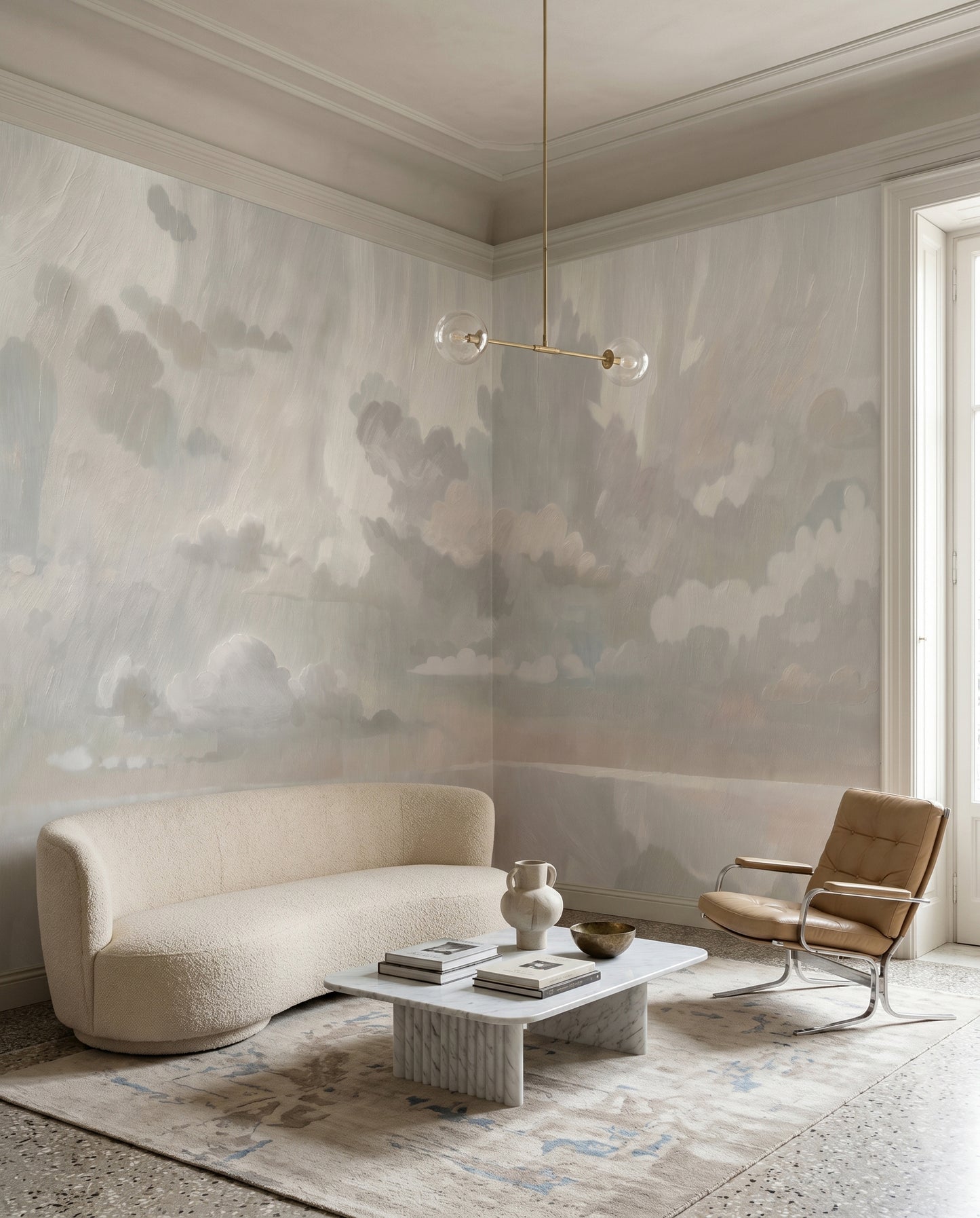 Velvet Smoke wall mural sets a calm tone across a neutral living room.