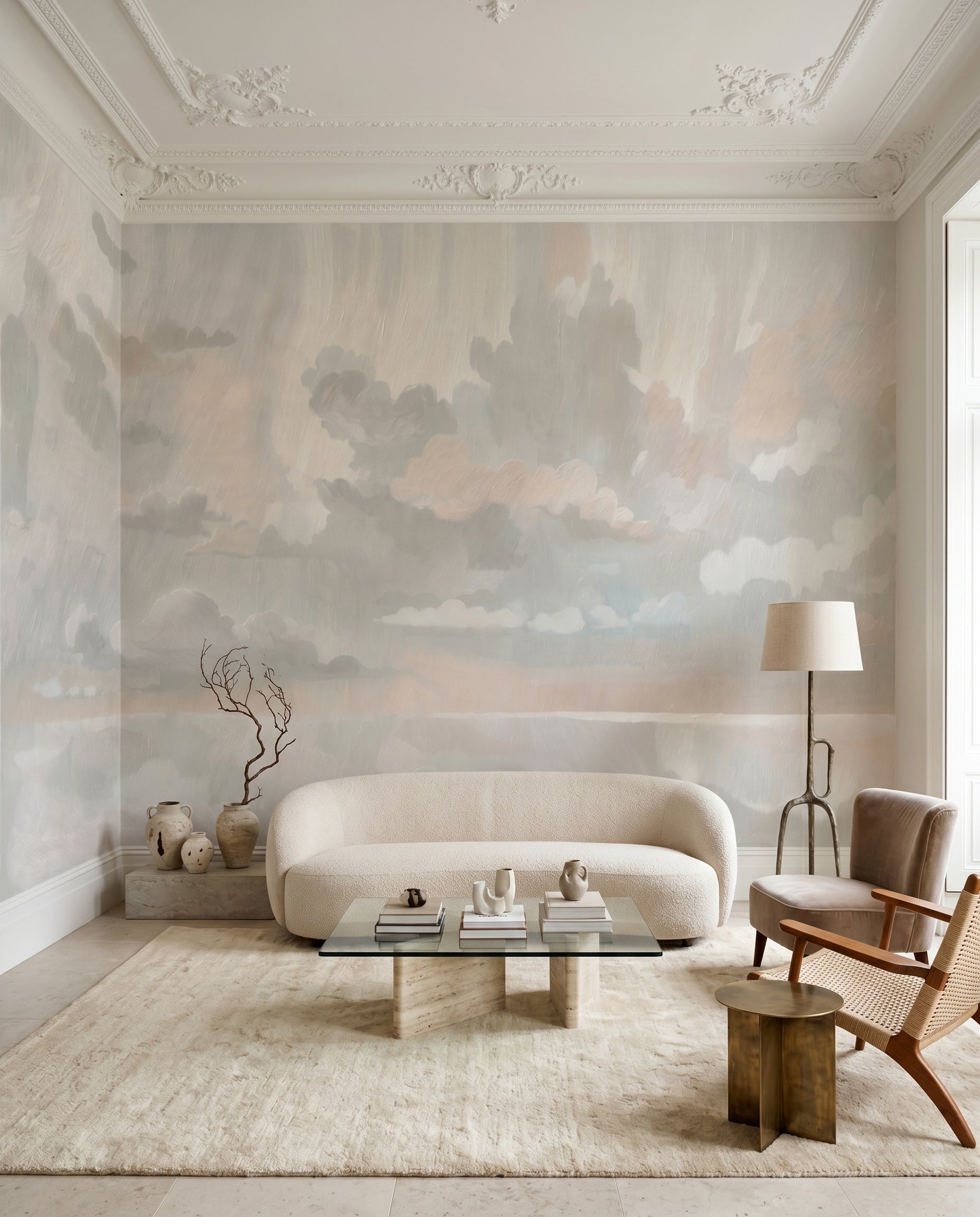 Hazy painted sky fills the Living room under this cloud wall mural piece.