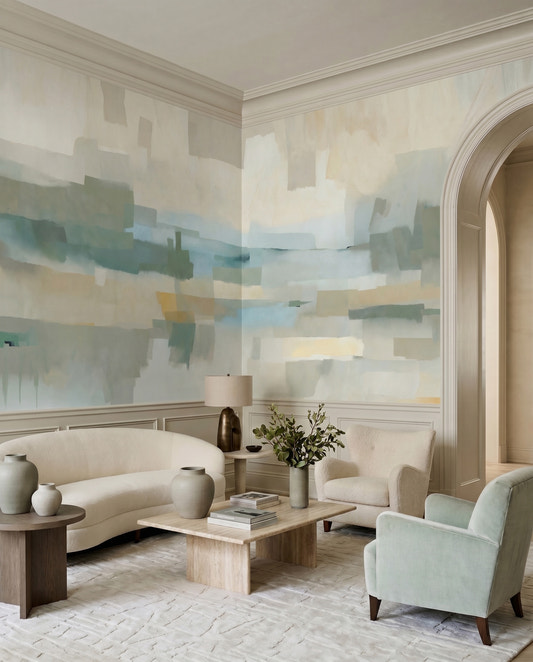 Living room alcove styled with the Velvet Dusk wall mural in muted tones