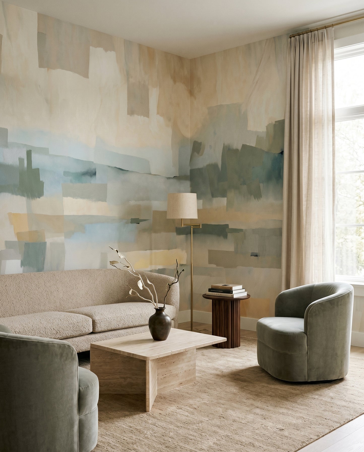 Painterly Velvet Dusk wall mural set behind a lounge seating arrangement