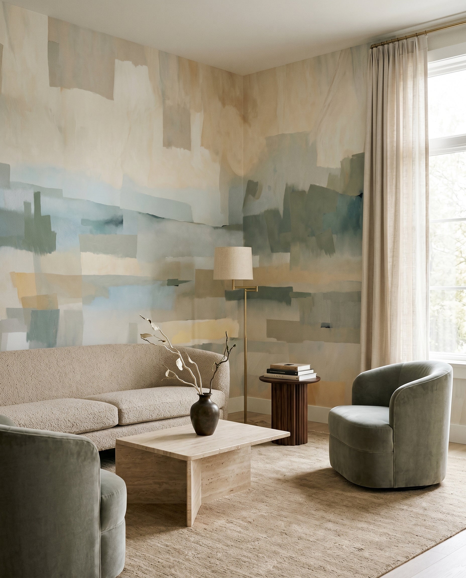 Painterly Velvet Dusk wall mural set behind a lounge seating arrangement