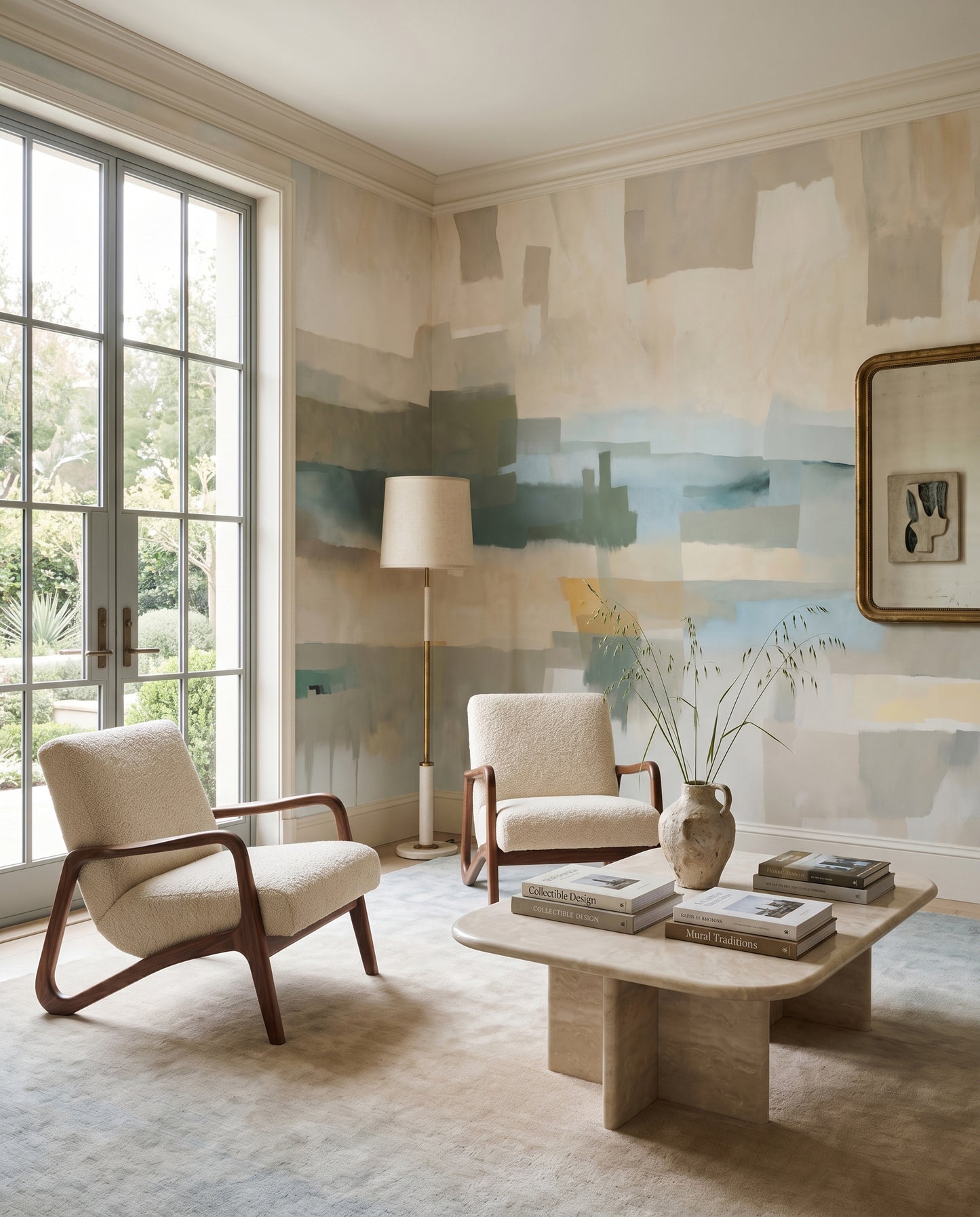 Living room backdrop featuring sage and slate Velvet Dusk wall mural
