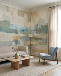 Cream-toned living room finished with the abstract Velvet Dusk wall mural