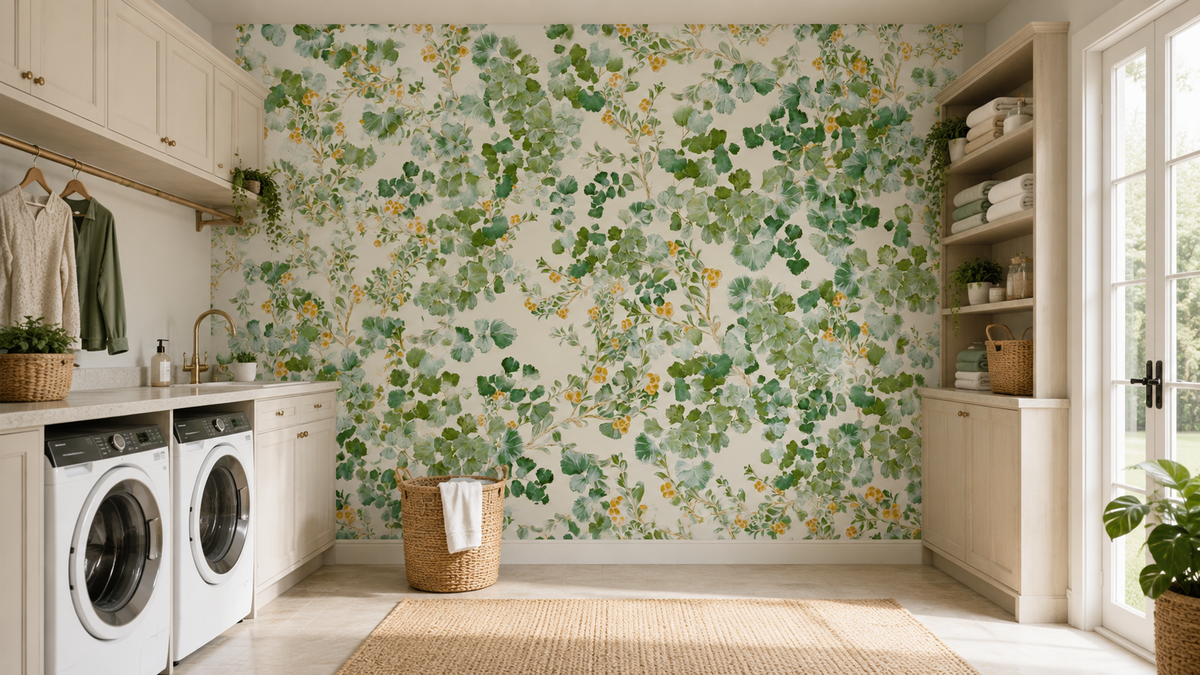 Woodland foliage wallpaper in a laundry room with a washing machine and baskets GD12703