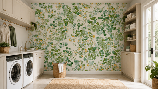Woodland foliage wallpaper in a laundry room with a washing machine and baskets GD12703