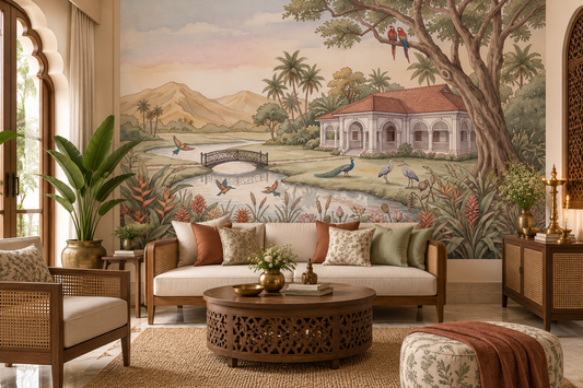 Botanical wallpaper in a warm living room with a rattan sofa and round table GD13084