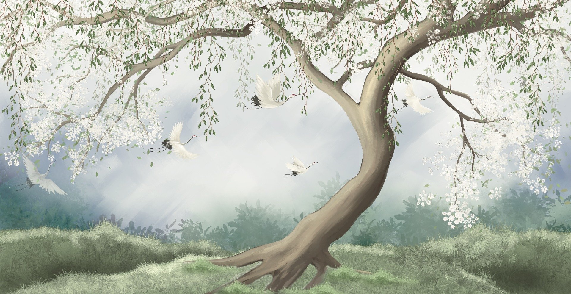 Peel & Stick Foggy Tree in Forest Wallpaper