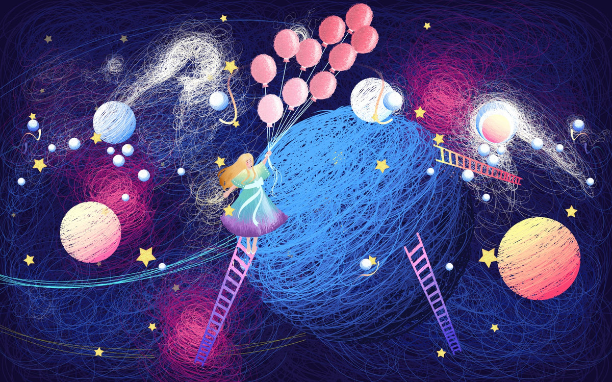 Girl on the Planet with Flying Balloons Wallpaper in your room — zoomed