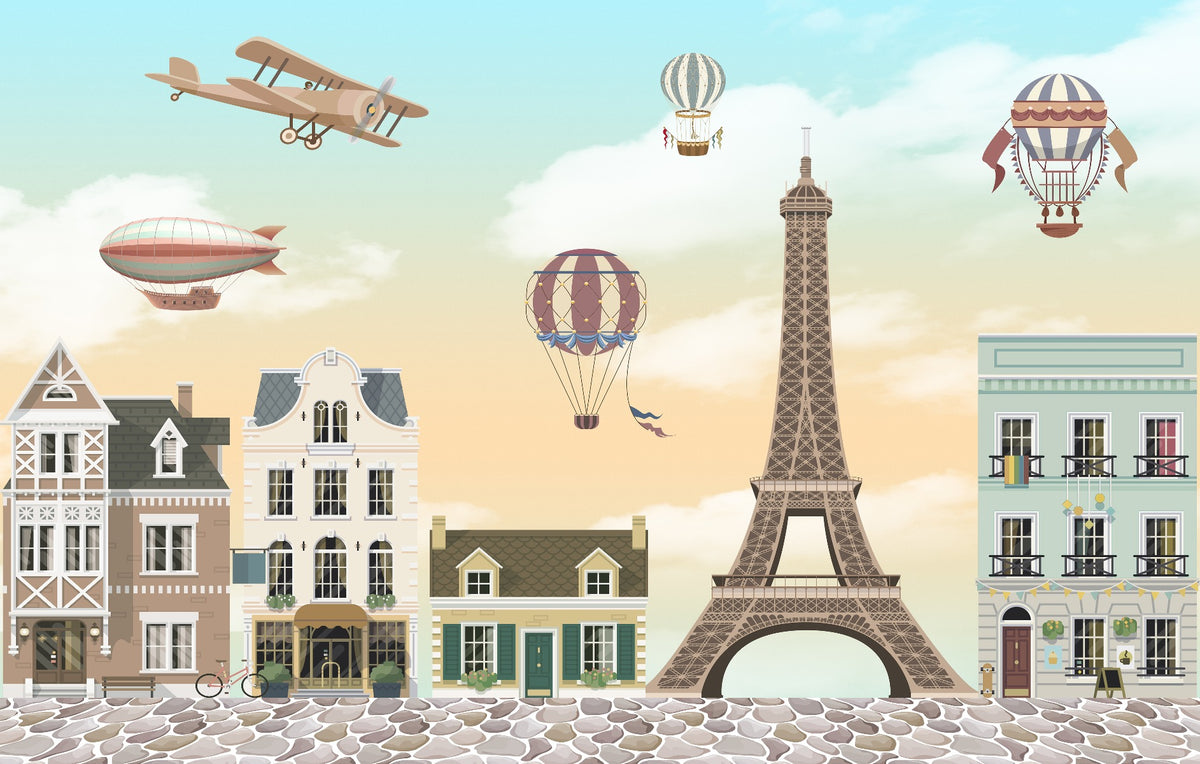 Children Room Eiffel Tower City Wallpaper Mural in your room — zoomed