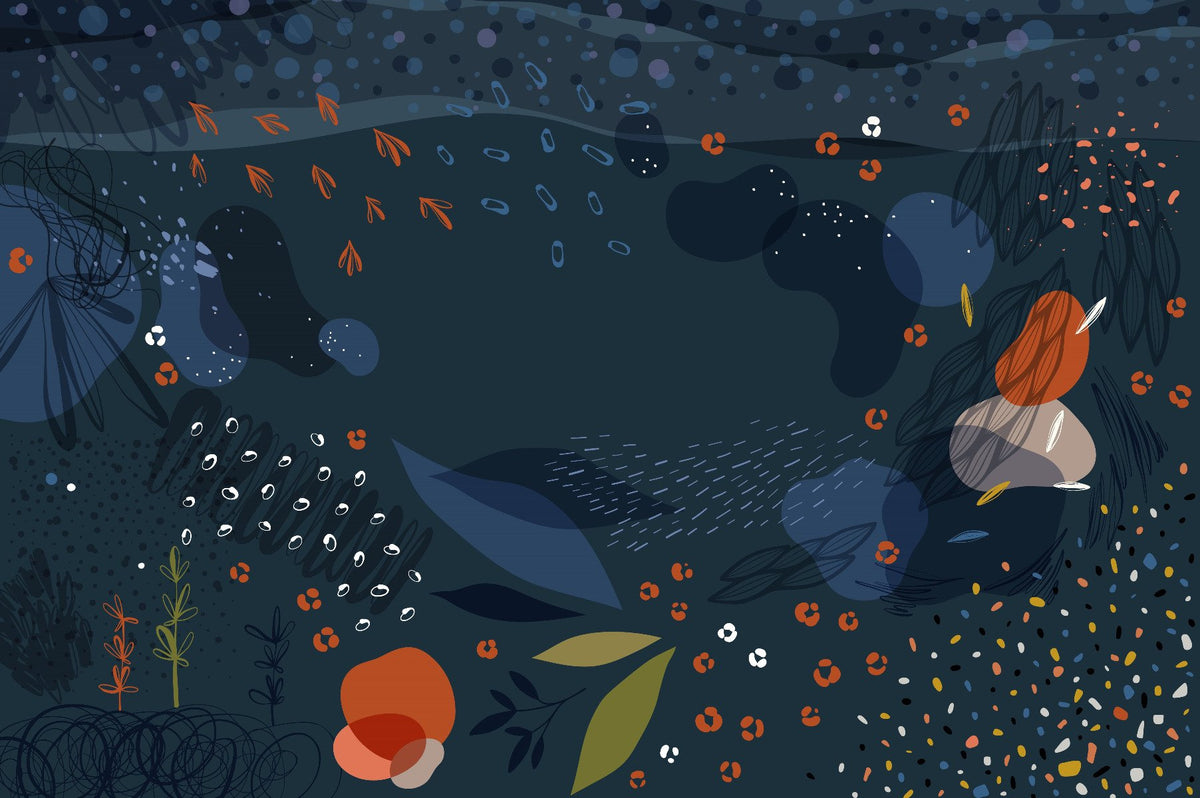 Blue Modern Abstract Floral Wallpaper Mural in your room — zoomed