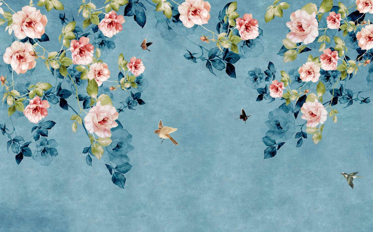 Watercolor Pink Roses on Blue-Green Wallpaper in your room