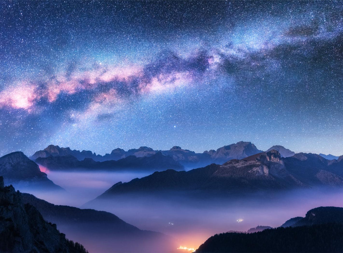 Blue Milky Way Foggy Hills Stars Wallpaper Mural in your room — zoomed