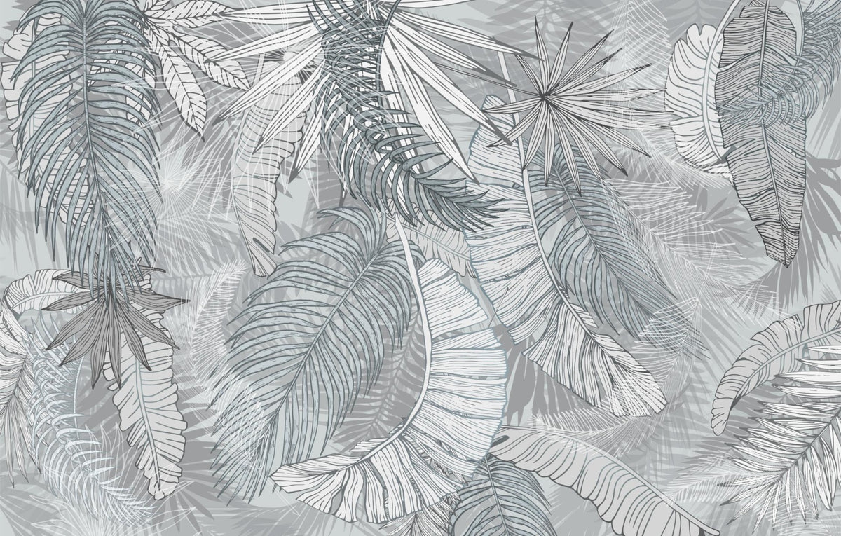 Grey & White Charcoal Leafy Illustrated Wallpaper Murals