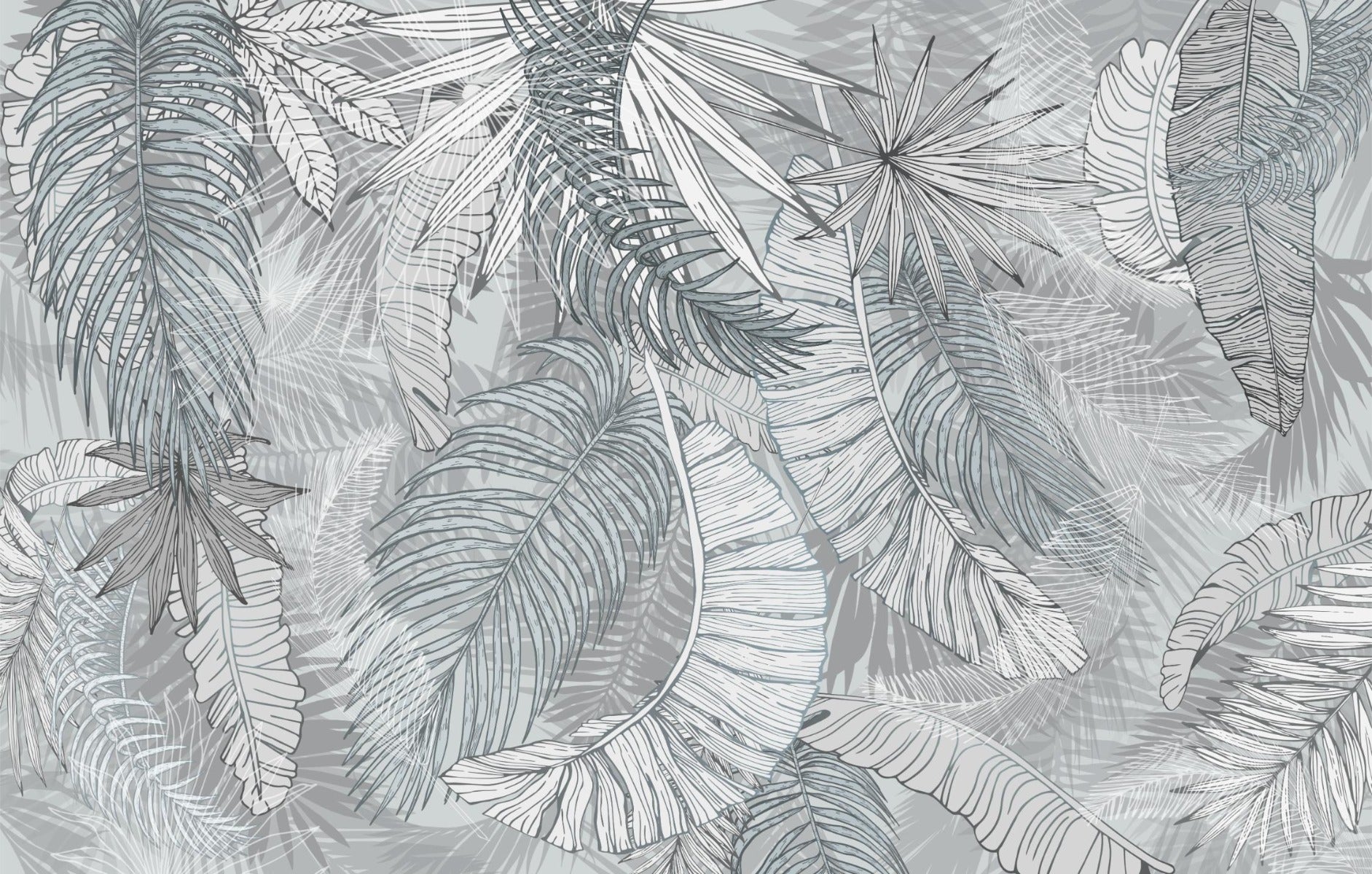 Grey & White Charcoal Leafy Illustrated Wallpaper Murals in your room — zoomed