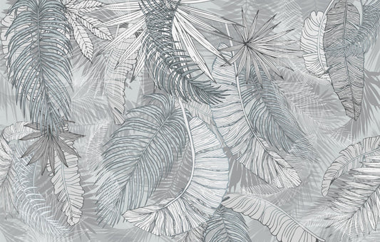 Grey & White Charcoal Leafy Illustrated Wallpaper Murals