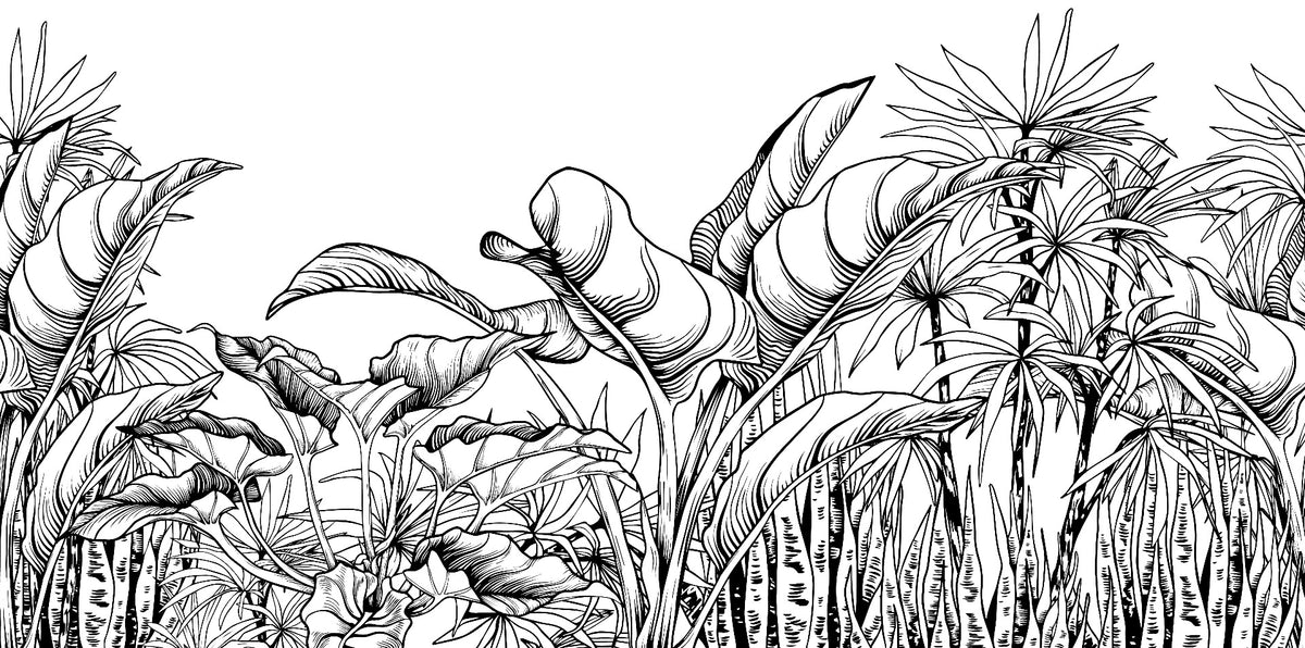 Black & White Big Tropical Leaves Wallpaper Mural