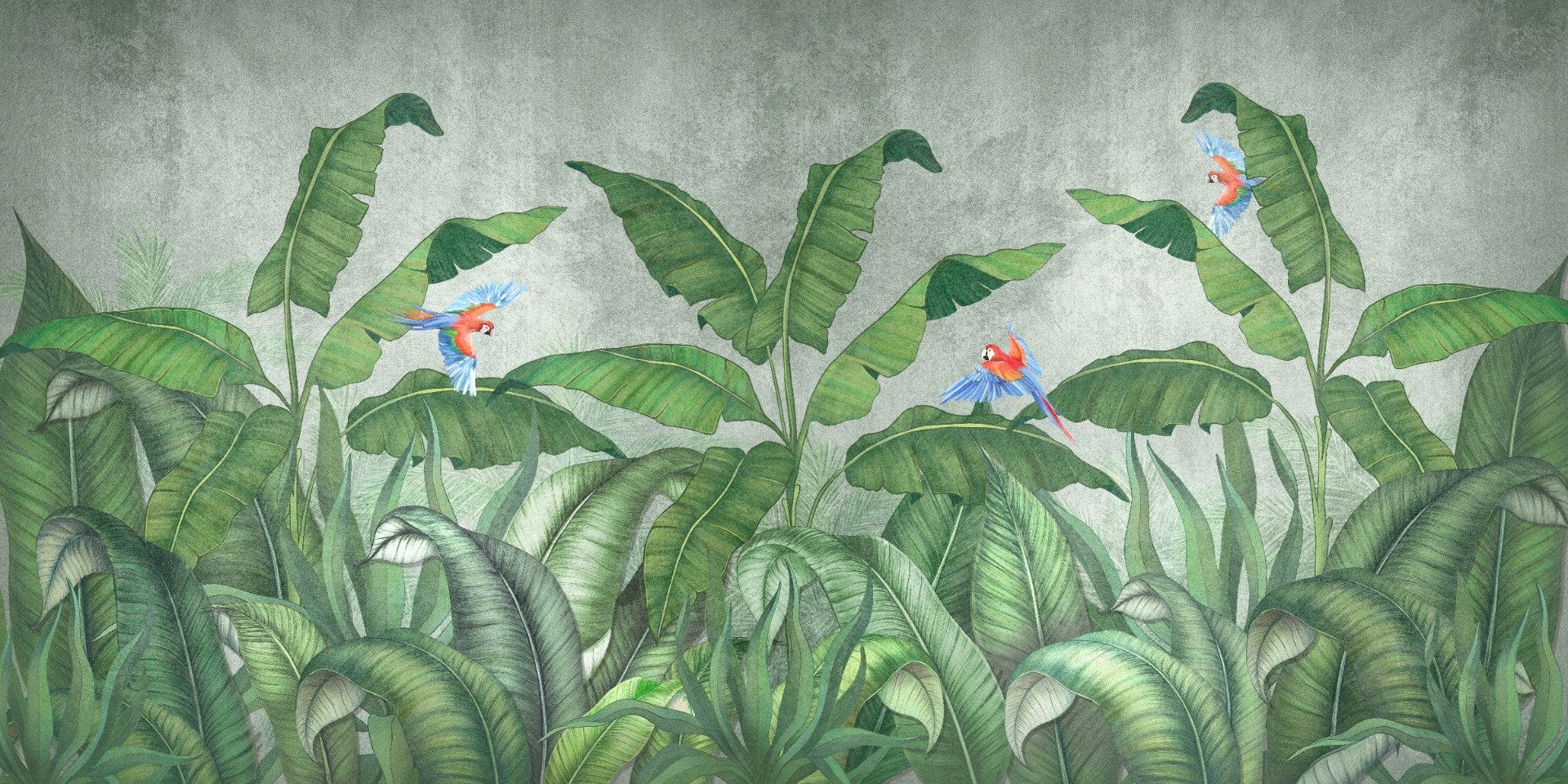 Green Plantains & Parrots Wallpaper Mural