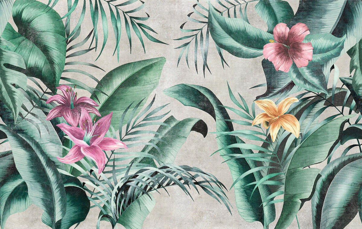 Rustic Floral Large Green Leaves Wallpaper Mural in your room