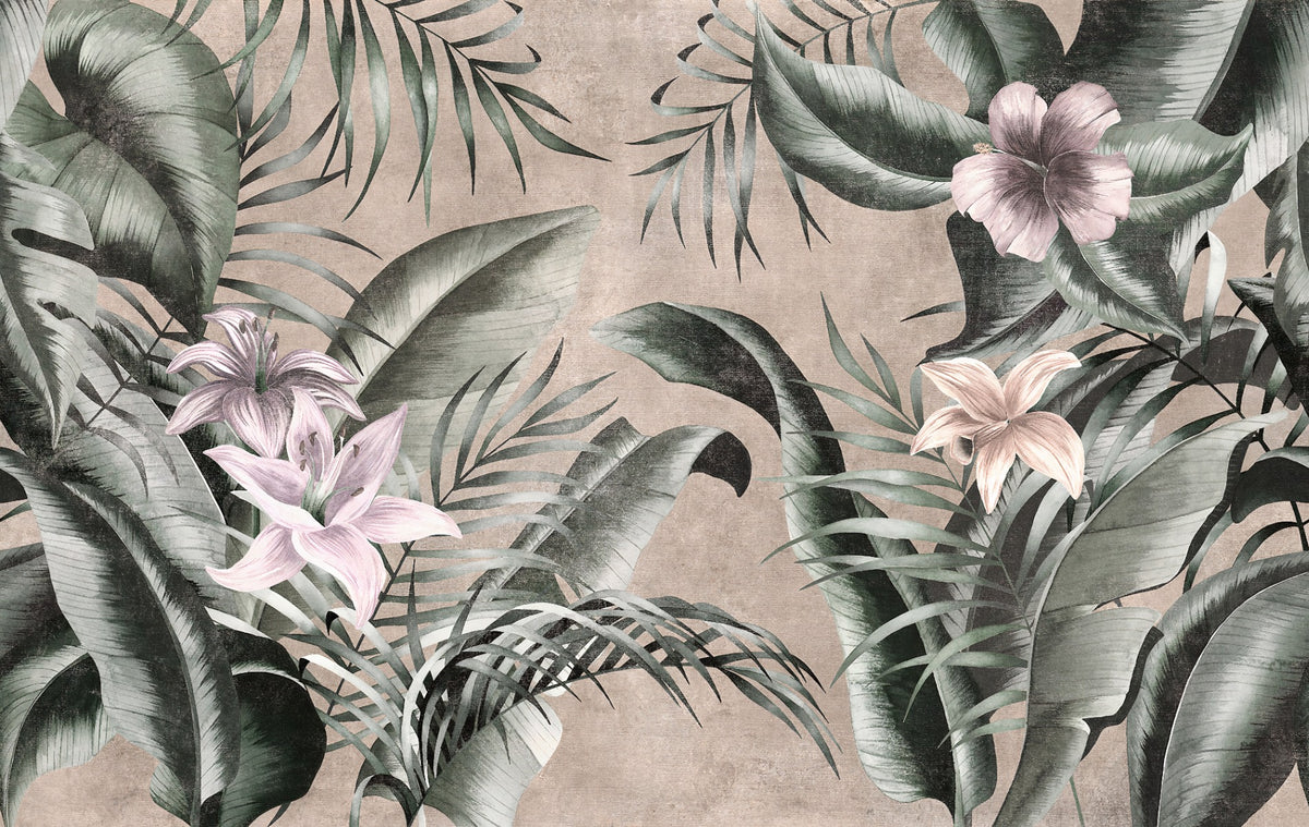 Gray background Floral Large Green Leaves Wallpaper Mural in your room