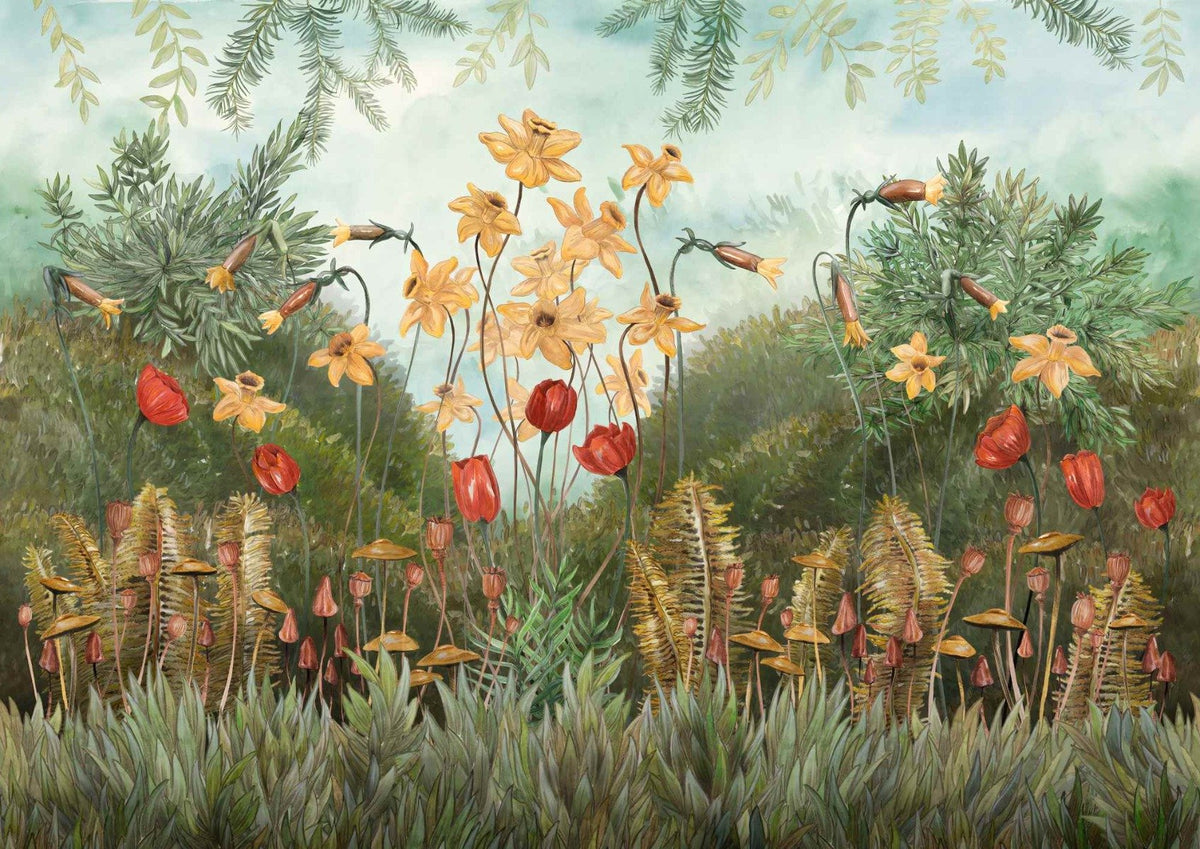 Watercolor forest Flower & Plants Wallpaper Mural in your room — zoomed