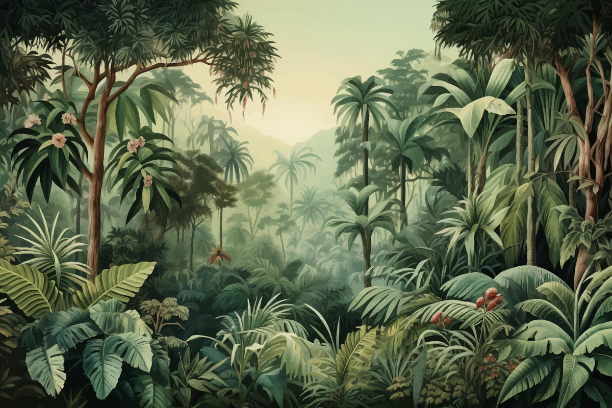 Misty Forest Colorful Tropical Scene Tree Wallpaper Mural in your room — zoomed
