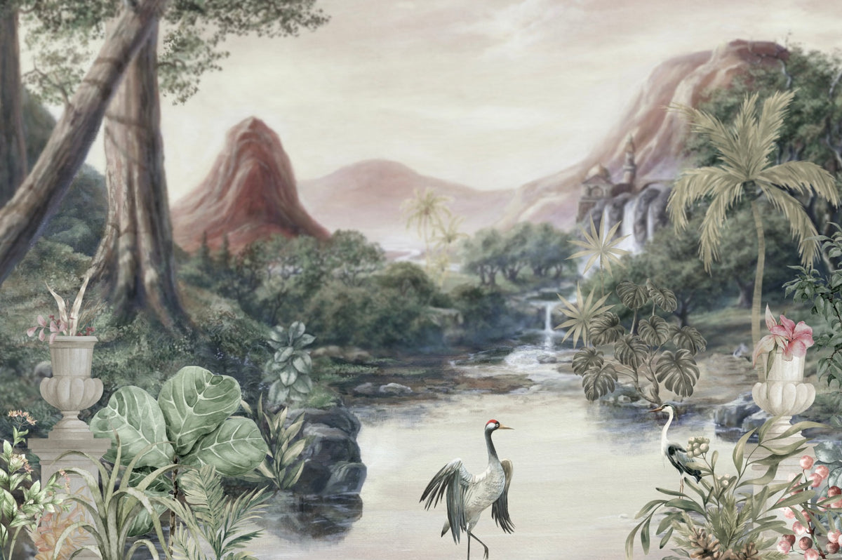 Natural Lining Serene Lake Crane Birds Wall Mural in your room