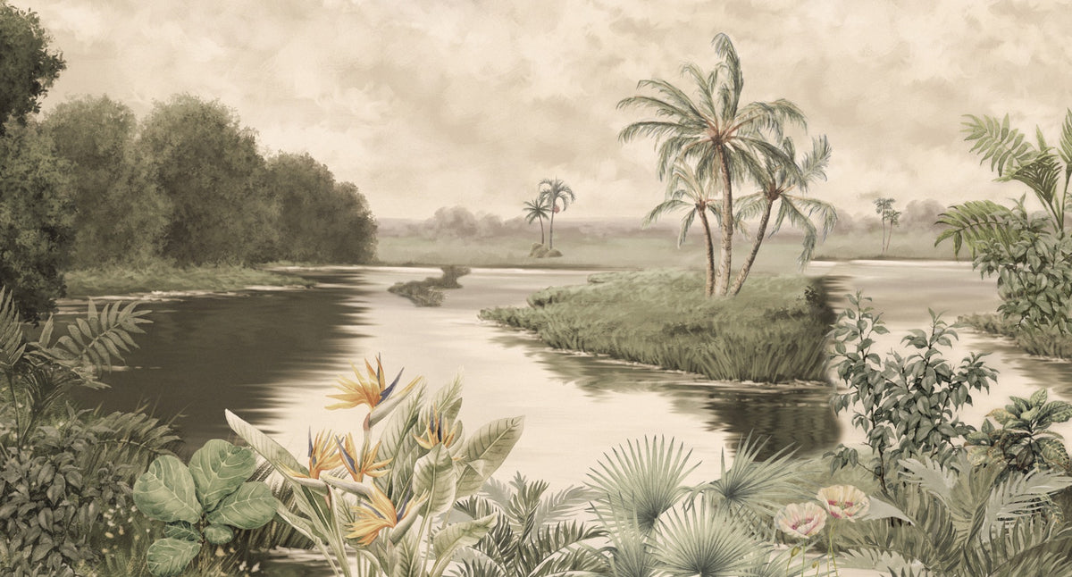 Tropical Lake View Wall Mural Wallpaper in your room — zoomed