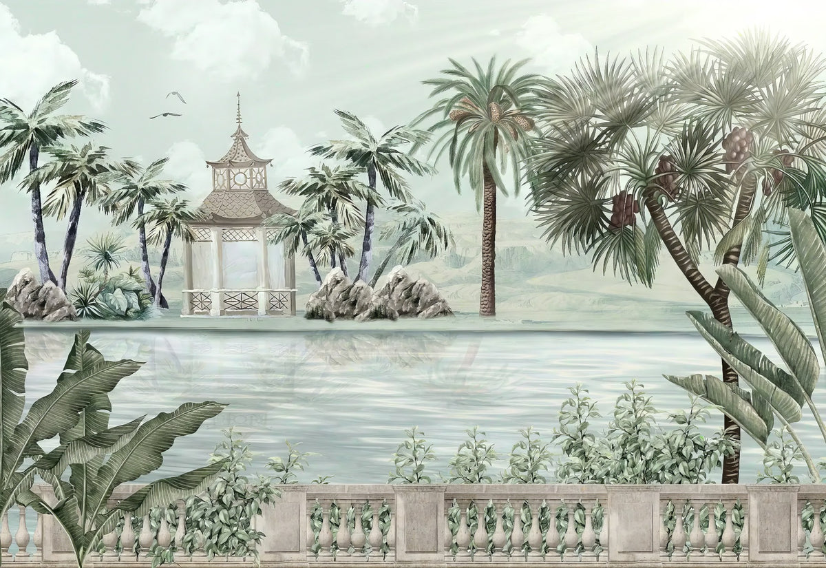 Watercolor Tropical Riverbank Wallpaper Mural in your room