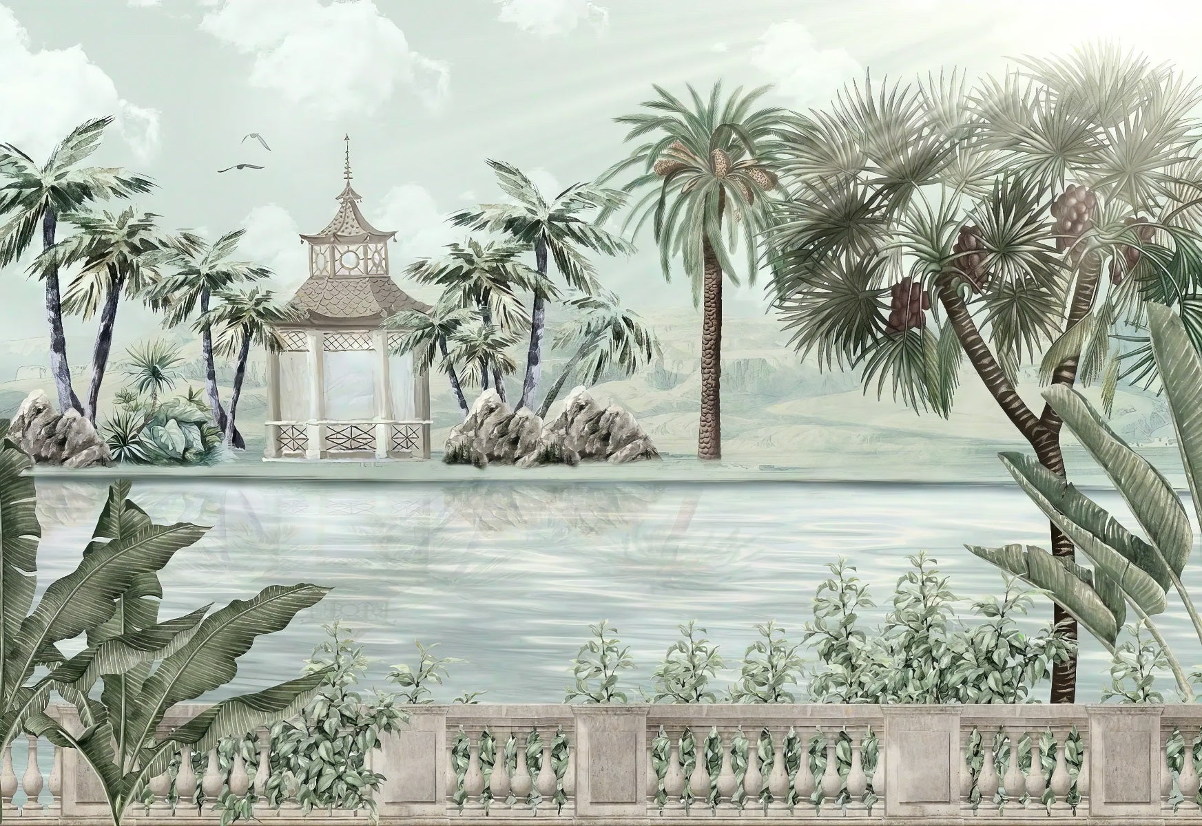 Watercolor Tropical Riverbank Wallpaper Mural