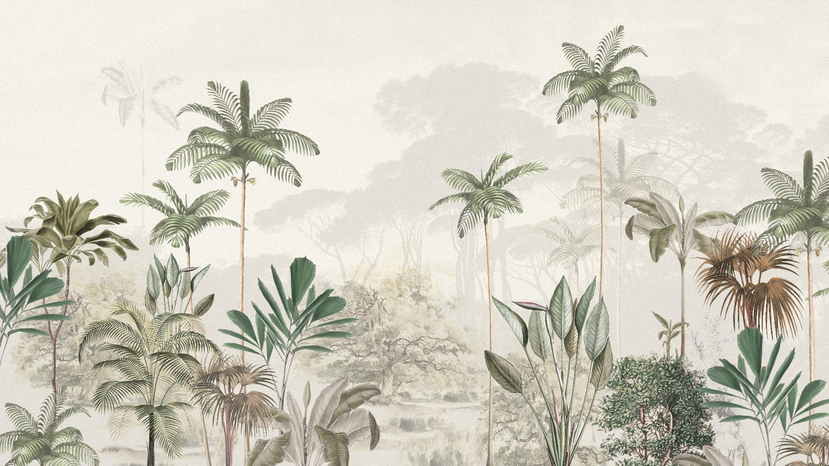 Tropical Trees White Tone Mural Wallpaper in your room — zoomed