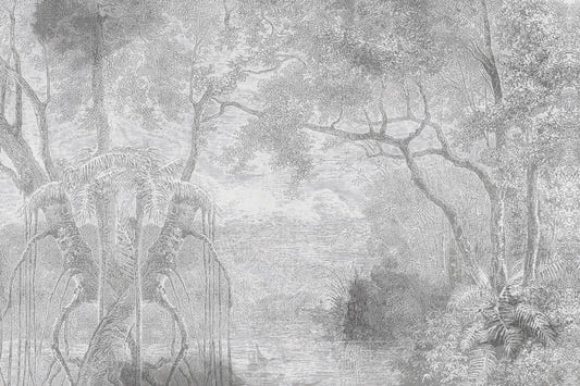 Gray Color Sketch Forest Wallpaper Murals for a Natural Look
