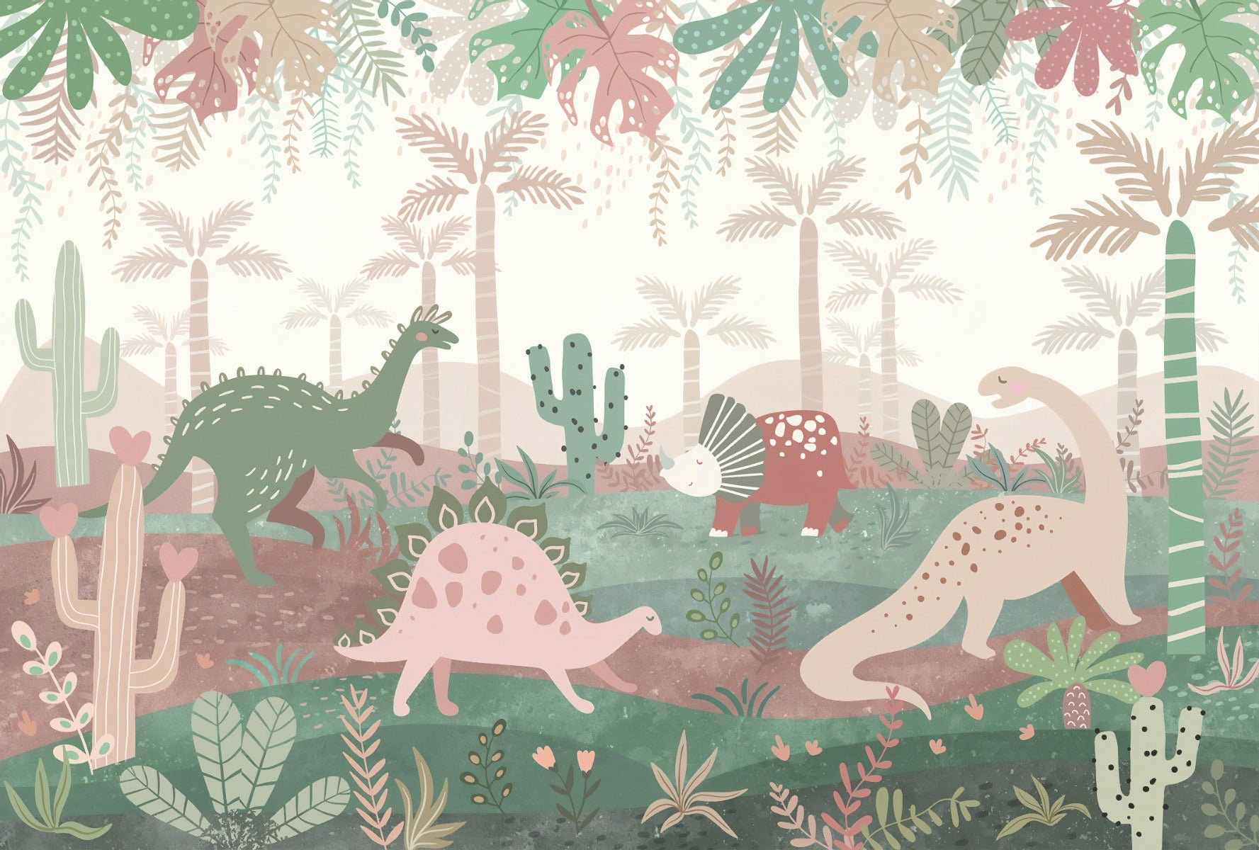 Green & Pink Color Dinosaurs Enjoying Wallpaper Mural