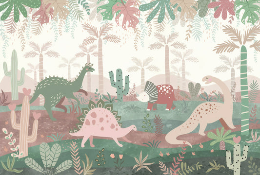 Green & Pink Color Dinosaurs Enjoying Wallpaper Mural