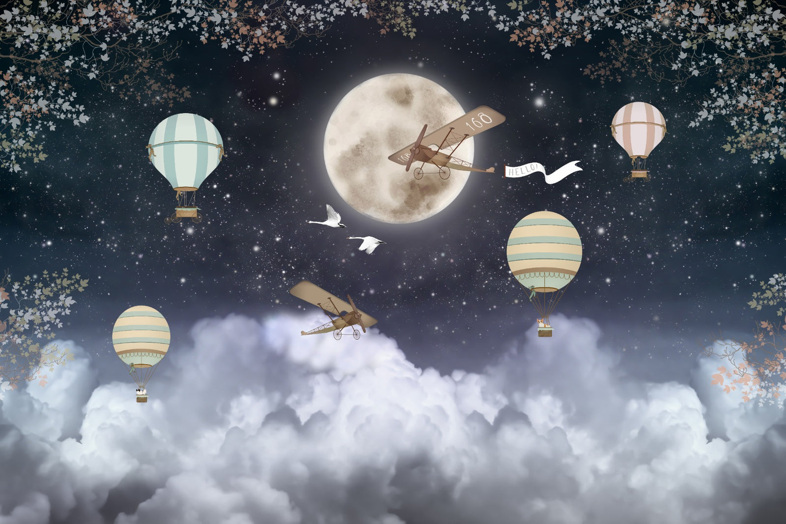 Shinny Stars Night Hot Air Balloons Wallpaper Murals in your room