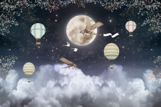 Shinny Stars Night Hot Air Balloons Wallpaper Murals