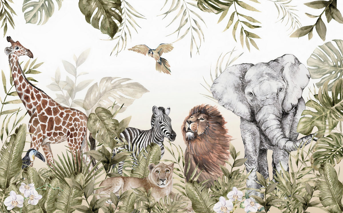 Watercolor Jungle Animal Wallpaper Murals in your room