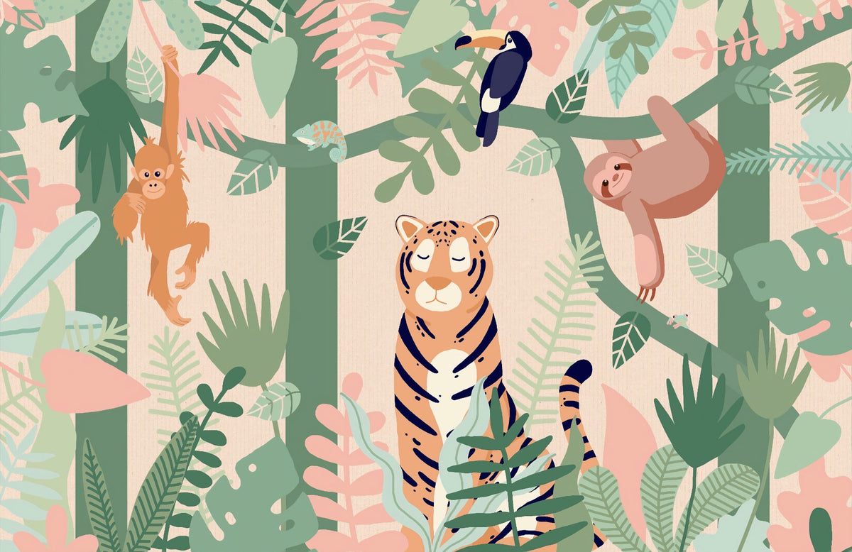 Kids Jungle animal friends wallpaper mural in your room — zoomed