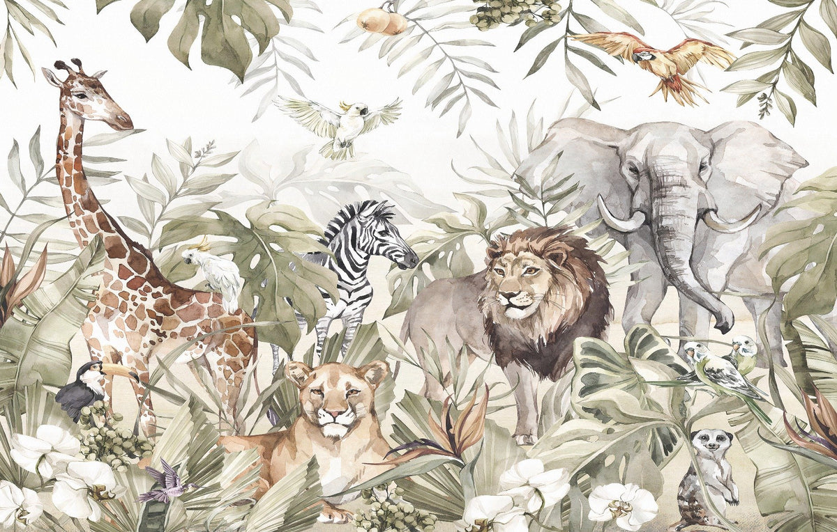 Watercolor Animal Kingdom Forest Wallpaper Murals in your room — zoomed