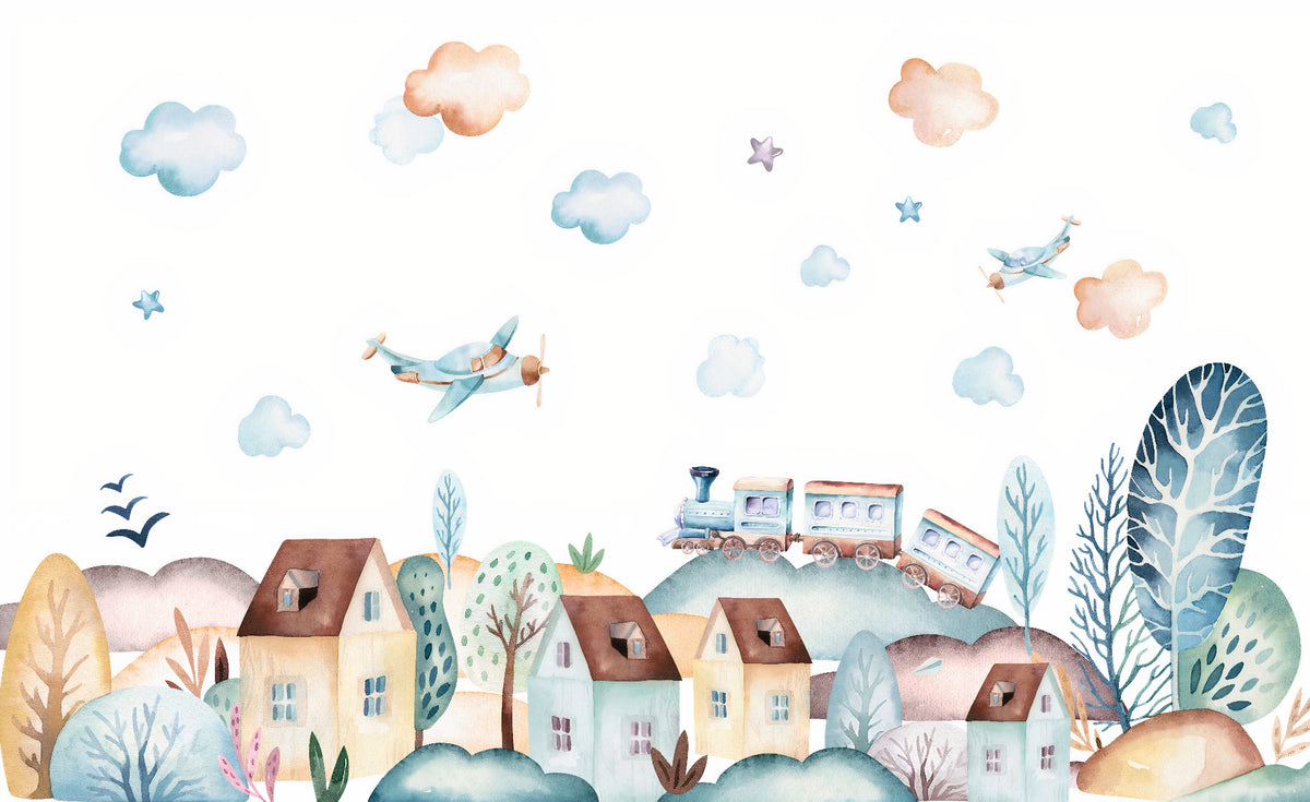 Watercolor Fun Village kids room Wallpaper Murals in your room — zoomed