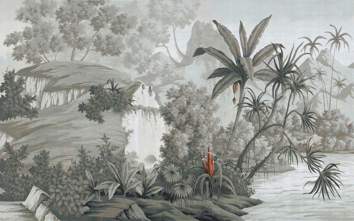 Monotone Forest with Dense Trees and Mountains Wallpaper Murals in your room — zoomed